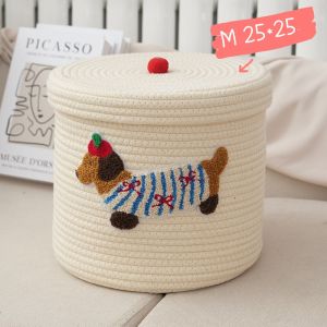 Handmade woven cotton string storage basket with cute animal pattern for home use.