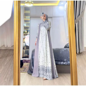 Gamis Set Hijab Silk mix Ceruty | Gamis Lebaran Terbaru | Gamis Motif Kekinian