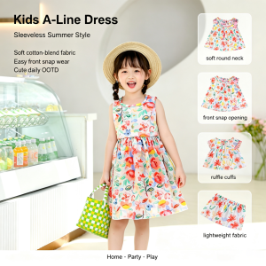 AILEBE Kids Dresses Sleeveless A-Line Dress With Front Snap Easy On Off Lotus Leaf Ruffle Cuffs Cute Cartoon Print Soft Cotton-Blend Summer Wear OOTD Pambahay For Baby Girls 0-12 Years Perfect For Daily