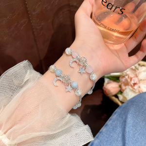 สร้อยข้อมือประดับพระจันทร์ดาวเกาหลีสต็อกพร้อมสวยงามสำหรับผู้หญิงสร้อยข้อมือลูกปัดปรับได้เครื่องประดับอินเทรนด์งานปาร์ตี้ของเด็กผู้หญิงดอกไม้คริสตัล