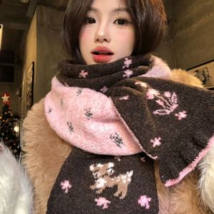 COOLSOOL Hai  Khăn len dệt  Hươu con Họa tiết hoa Khăn choàng Ngọt ngào Viền ren Khăn choàng cổ len mùa đông Phụ nữ