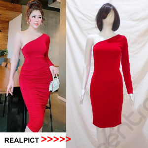 20062 Dress Midi Wanita Scuba Model Oneshoulder - Gaun Pesta Party Natal Tahun Baru Imlek Merah Hitam