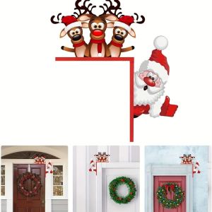 ANGY Wooden Christmas Door Corner Sign Cartoon Santa Claus Door Corner Christmas Door Frame Decoration Elk Sign Santa Claus Door Frame Indoor