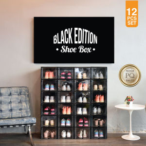 Black Edition กล่องรองเท้า 12 ชิ้น ดำรุ่นพิเศษ ฝาสไลด์เปิด-ปิด ป้องกันฝุ่น วางซ้อนกันได้สำหรับหลายชั้น รูปร่างการแสดงอากาศ คุณประสบความรู้ คุณภาพ คุณภาพ ราคาที่สะดวก!