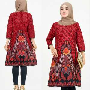 Set Pakaian Couple Kemeja Dress Kerja Batik Orchid Merah