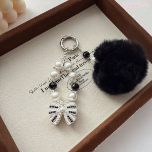 True Rabbit Hairy Ball Pearl Luggage Pendant Full Diamond Bow Keychain Crystal Phone Case Chain