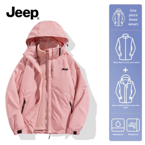 Jeep Womens 3-in-1 Waterproof Hiking Jacket Female 3-in-1 Detachable Plus Velvet Thick Outdoor Coat