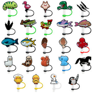 Colorplus 8mm 1PCS PVC Cute Animals Straw Topper Fish Squid Elephant Straw Cover Drink Spill Prevention Creative Accessories Dustproof Cup