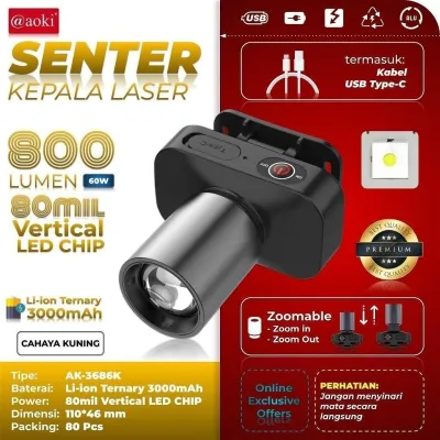 LED Senter Kepala Zoom Aoki AK-3685A SUPER TERANG / Head Lamp Led 60 Watt Super Terang Senter Kepala Rechargeable Type C