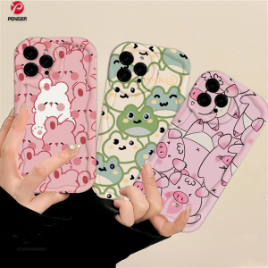 (Lokal Ready) PENGER Casing hp iPhone 11 12 14 13 12 Pro Max XR 7Plus iPhone 15 Pro Max X XS Max 6s 7 8 6 Plus SE 2020 Couple Lucu Pasangan Kartun Babi Kelinci Frog 3D Wavy Curved Edge Case