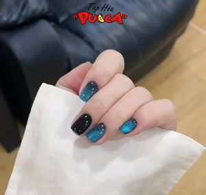 Bộ móng tay giả trơn - B550 Mắt Mèo Ngắn Xanh Đen  sang trọng dễ thương -   Kèm keo Silicon  dán móng CÓ ẢNH SP THẬT