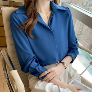 AMMIN 2023 new royal blue lapel invisible single-breasted design chiffon shirt womens Korean style autumn long-sleeved pure color elegant blouse female ins tops
