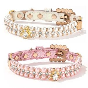 ER52858 Adjustable Dog Cat Pearl Collars PU Rhinestone Neck Strap for Small Dogs Neck Chain Bling Crystal Cat Necklace Pet Gift