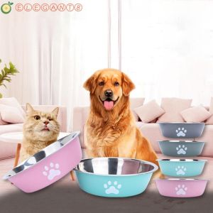 Stainless Steel Dog Bowl Non-slip Non-rust Dog Food Bowls Drinkers Pet Feeder Bowl Cat Paw Pattern Pet Feeders Bilayer Cat Feeding Bowl For Puppy Cats