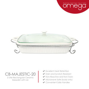 Omega Majestic 2L Rectangular Ceramic Bakedish with Lid in a Gift Box | Microwave Safe (body only) and Convenient Safe Handles