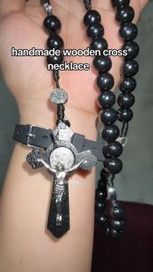 10mm Wood Rosary St Benedict Cross Necklace - Religious Catholic Souvenirs for Baptism Wedding PH