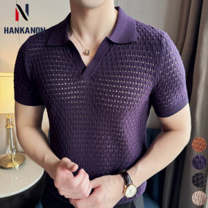 Purple Mens V-neck Polo Shirt Everyday Casual Short-sleeved Top Stylish Mens Hollow Knit Shirt.2026 New 3XL-M