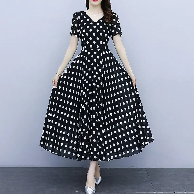 CORE🌟 Summer Women A-line Dress Short Sleeve V-Neck Polka Dot Dress  Fashion Long dress