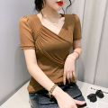 YIMEI Fashion short-sleeved mesh top Women's 2023 summer new design sense Slim fit sexy V-neck top Khaki T-shirt. 