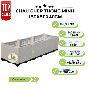 Chậu ghép thông minh HDPE Chậu trồng rau Chậu trồng cây kích thước 150x50x40cm mầu Ghi- Trắng