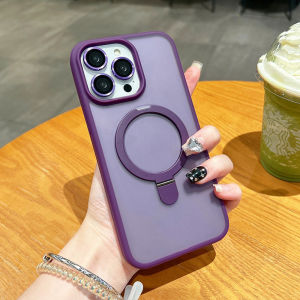 JP With Free Same Color Alloy Lens Films With MagSafe Stand Translucent Frosted Hard Shockproof Phone Case For iPhone 15 14 Pro Max Plus 13 12 11 Pro Max Wireless Charging Phone Casing Skin-friendly Frosted Phone Cover Shell