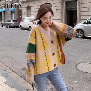 IELGY womens korean style colorblock knitted cardigan short loose top
