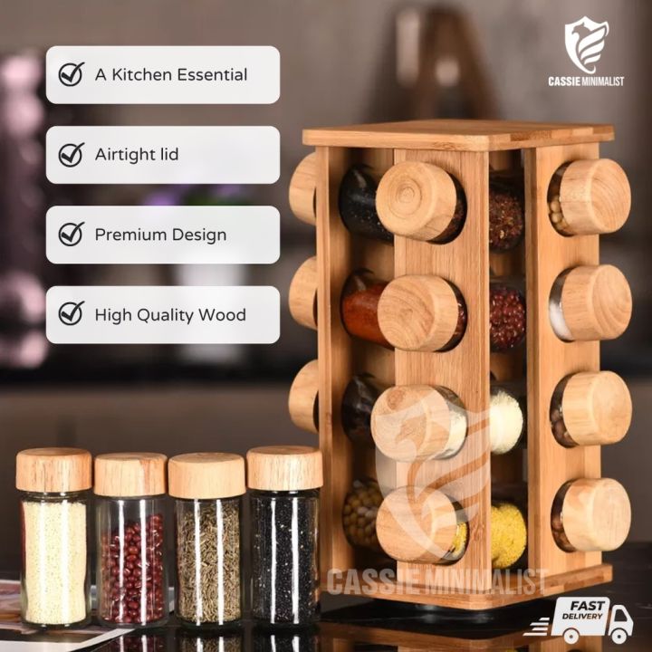 Spice Organizer Set Wood Rotatable Spice Rack Bamboo with 16 Jars FREE  24pcs Spice Stickers