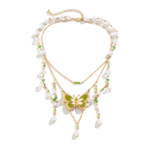 REEBO Pearl Butterfly Pendant Necklace Bohemian Style Rhinestone Beads Chain Choker Cute Neck Jewelry Multilayer Necklace Women