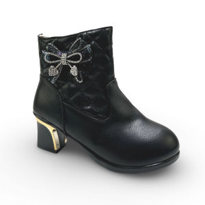 Black Leather Shoes For Kids Girls Princess Ankle Boots With Heel Rhinestone Bow Desgin School Shoes