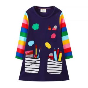 Jumping Meters 2-7T Autumn Childrens School Dresses Animals Embroidery Long Sleeve Autumn Kids Buttons Dress2026