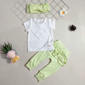 Kayleen Oneset Bandana - Setelan Baju Bayi Pendek Celana Panjang Ruffle Free Headband Bando SNI Maybee Kids Mybee