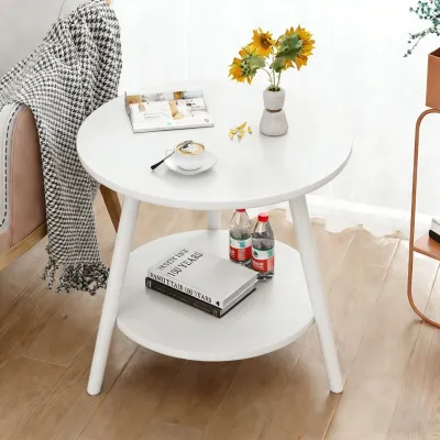 Modern Round Solid Wood Coffee Table Double Layer Compact Living Room Side End Table with Safe Rounded Corners