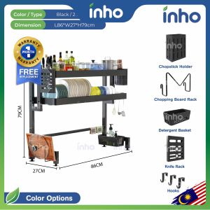 INHO L56-96cm (1/2 Layers) Kitchen Stainless Steel Adjustable Length Sink Dish Drainer Storage Rack