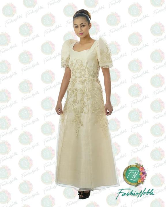 embroidered filipiniana dress Carmelita Bolero (Pearl) — Peau de Soie Satin
