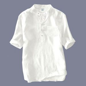 Người Đàn Ông Của cỡ lỡn Kurta T-Shirt ngắn tay vải lanh áo phông đơn giản Giản Dị Hồi Giáo Raya Áo Sơ Mi Tops Baju kemeja Lelaki Berkolar