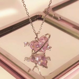 Pink Heart Planet Necklace for Women Shiny Zircon Cupid Arrow Heart Pendant Necklace Sweet Jewelry Gift