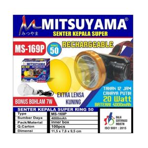 Senter Kepala LED Headlamp 20 Watt Mitsuyama MS-169P Cahaya Putih & Kuning Super Terang  Batre 4000mAh Tahan Hingga 12 Jam Pemakaian Bonus Lensa Kuning dan Bohlam Lampu