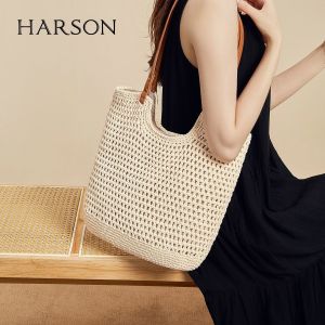 Tenun Tas Jerami Tas Bahu Garis Garis Katun Baru Tas Bahu Seratus Mode Tas Pantai Wanita