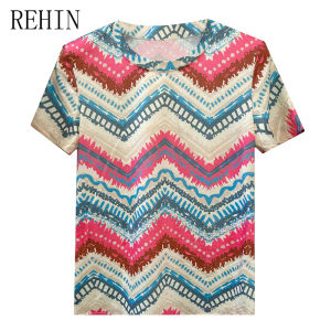 REHIN Summer new fashion unique wave pattern printing short-sleeved T-shirt round collar elegant womens top