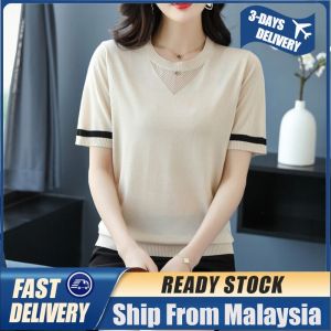 Ice Silk Tshirts for Women Hollow Knitted Top Short-sleeve T-shirts
