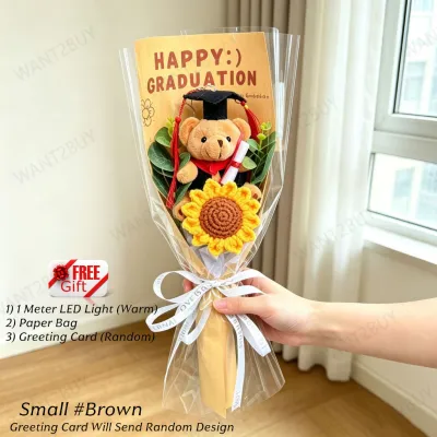 Dr Bear Sunflower Flower Knitted Bouquet Graduation Bouquet with Gift Bag Ceremony Students Teachers Gifts 针织毛线毕业花束