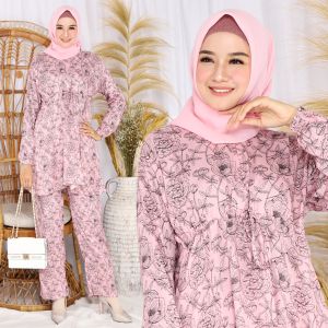 Fya Shope - Stelan Baju Tunik & Celana Wanita Muslimah Blouse Lengan Panjang Fashionable Baju Mewah Elegant Baju Tunik Wanita Busui Set Daunmawar / Good Quality / Best Seller / Real Pict