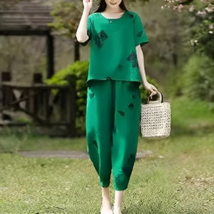 Womens Linen Two-Piece Set Loose Fit Casual T-Shirt & Wide Leg Shorts Breathable Summer Outfit
