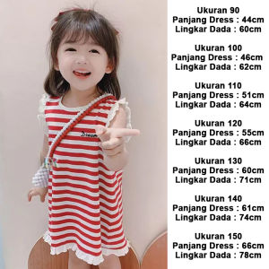 LNR Shop Dress Casual Import untuk Anak Perempuan Dengan Renda Ruffle Tanpa Lengan Motif Garis Garis Salur Midi Mini Dress Korea Gaun Summer atau Musim Panas Baju Pesat Santai Jalan Jalan