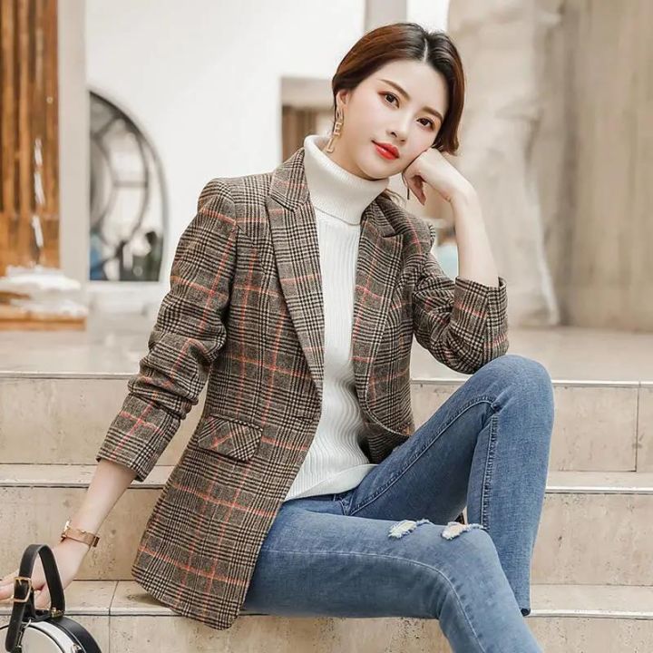 Plus Size S 5XL Women Blazer Jacket Plaid Thick Slim Spring Autumn