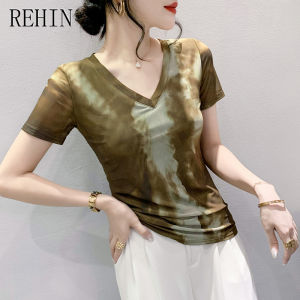 REHIN New Summer fashion mesh tie-dye floal short-sleeved T-shirt V-neck slimming fit S-3XL elegant trendy Womens top