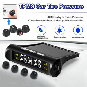 USB Solar TPMS Car Tire Pressure Alarm Monitoring System 4 External Sensors Real-Time Solar Power Car Tire Temperature Warning Solar Power Digital LCD Display Auto Tire Pressure Monitor TPMS Sensors