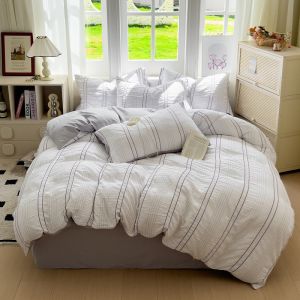 Korean Style Minimalism Bedding Set Fresh Stripes Two-tone Fittedsheet/Flatsheet Sets Single/Super Single/Queen/King Duvet Cover Set 床上用品