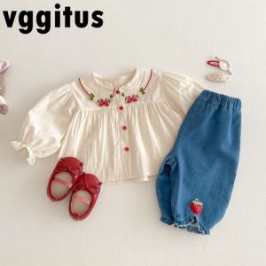 Girl Outfits New Spring/autumn Long Sleeves Strawberry Shirts/Denim Trouser Solid Jeans Korean Childrens Clothes 2026 H50862026