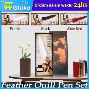 Pulpen Bulu Pena 5 Kepala Tulisan Fountain Kaligrafi Stainless Vintage Retro dengan Kotak Alat Tulis Pena Hadiah Font